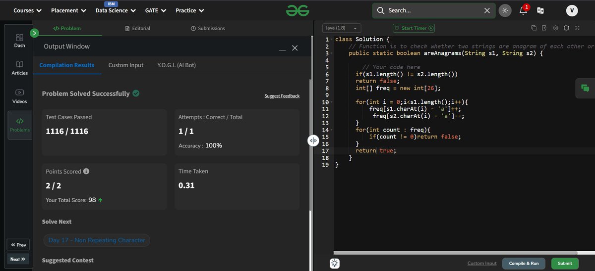 Vedant_k35's tweet photo. 14 of GFG 160 - 160 Days of Problem Solving! Problem Solved: Anagram (two given strings are an anagram of each other or not).
@geeksforgeeks
#gfg160 #geekstreak2025 #CodingJourney #LearnInPublic #letsconnectDay https://t.co/GEAa57Uadd