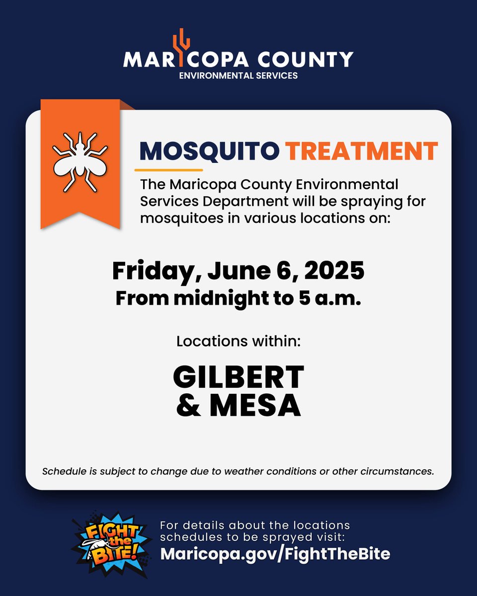 Want to know when mosquito treatments are scheduled for your area? 🦟Subscribe to calendar notifications at bit.ly/FoggingNotific…

Learn more about what you can do to help prevent mosquito breeding, avoid mosquito bites, and stay healthy at Maricopa.gov/FightTheBite