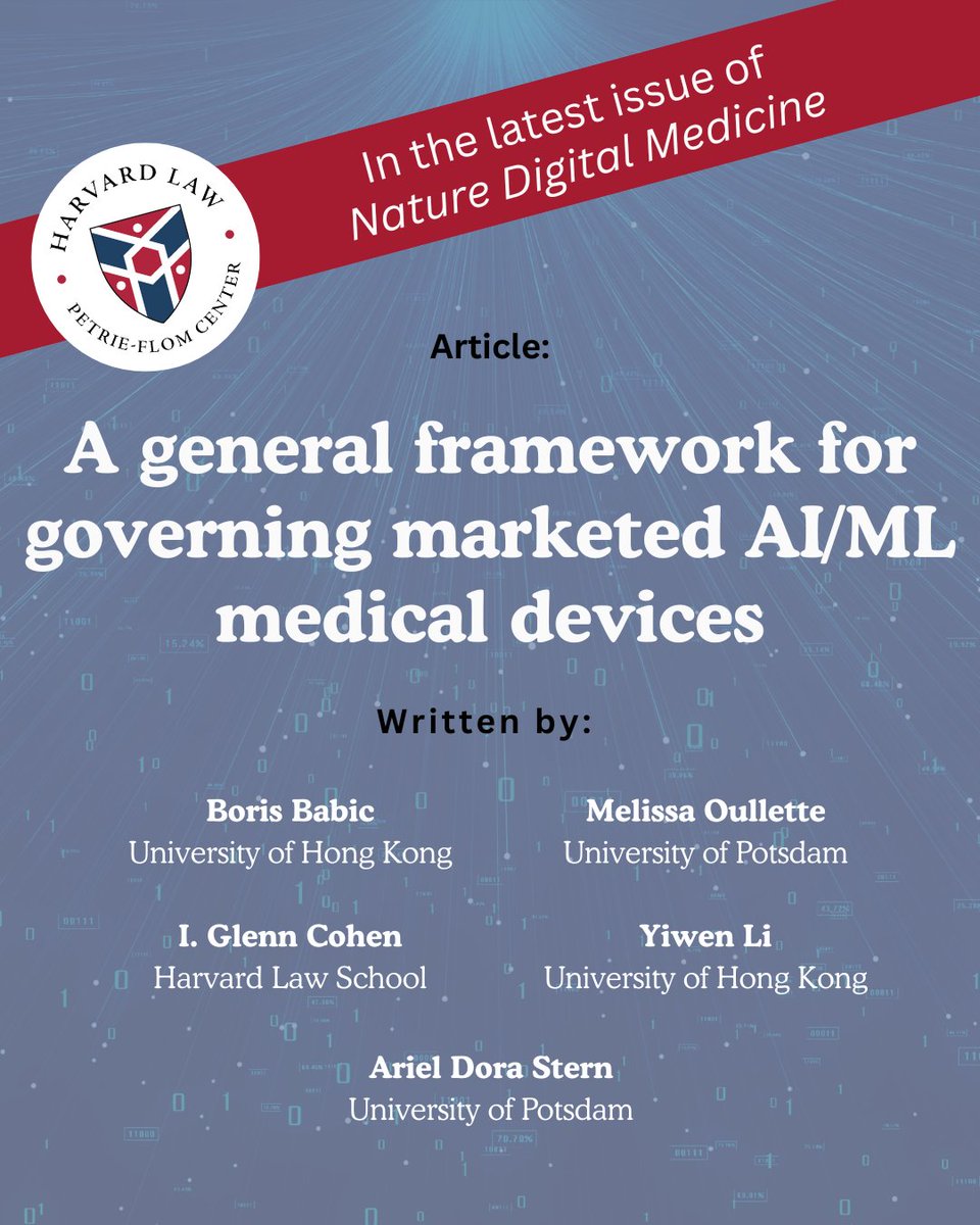 Petrie-Flom Center (@petrieflom) on Twitter photo New article in <a href="/npjDigitalMed/">npj Digital Medicine</a>: First-ever assessment of FDA’s oversight of AI and machine learning-based medical devices
w Boris Babic, <a href="/CohenProf/">I. Glenn Cohen</a>, <a href="/arieldora/">Ariel Dora Stern</a>, Yiwen Li, & Melissa Oullette
Open access here: nature.com/articles/s4174… New article in <a href="/npjDigitalMed/">npj Digital Medicine</a>: First-ever assessment of FDA’s oversight of AI and machine learning-based medical devices
w Boris Babic, <a href="/CohenProf/">I. Glenn Cohen</a>, <a href="/arieldora/">Ariel Dora Stern</a>, Yiwen Li, & Melissa Oullette
Open access here: nature.com/articles/s4174…