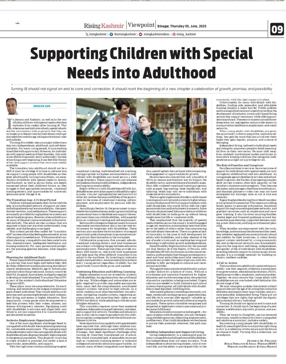 *TURNING 18, NOT TURNING AWAY: SUPPORTING CHILDREN WITH SPECIAL NEEDS INTO ADULTHOOD*

*Writer Zaheer Jan*
 
risingkashmir.com/supporting-chi…
<a href="/PMOIndia/">PMO India</a> <a href="/OmarAbdullah/">Omar Abdullah</a> <a href="/sakinaitoo/">Sakina Itoo</a> <a href="/OfficeOfLGJandK/">Office of LG J&K</a>
