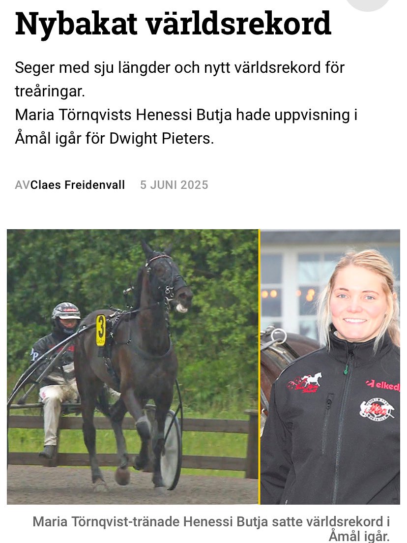StallHenessi's tweet photo. Sulkysport om Henessi Butjas lopp igår 😍 ”Det tidigare rekordet – Kantens Rose – raderades ut med fyra tiondelar och Maria Törnqvists sto blev också den snabbaste treåringen oavsett kön och skickade också Rajesh Faces notering på 1.15,5 från 22 juni 2016 till historieböckerna.” https://t.co/N84SDzQ17l