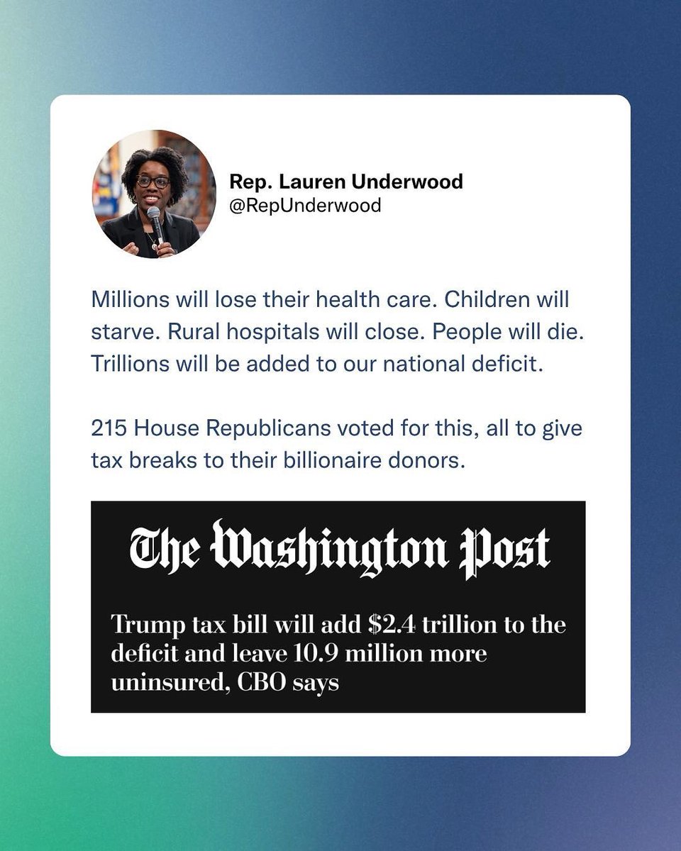 Millions will lose their health care. Children will starve. Rural hospitals will close. People will die. Trillions will be added to our national deficit.

215 House Republicans voted for this, all to give tax breaks to their billionaire donors.