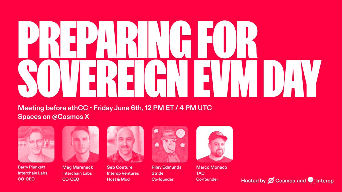 Cosmos - The Interchain ⚛️ (@cosmos) on Twitter photo Tune in tomorrow, June 6th, 12 PM ET, to learn what to expect from the event, straight from our guests:
⟡ PREPARING FOR SOVEREIGN EVM DAY ⟡
With <a href="/BPIV400/">barry</a>, <a href="/0xMagmar/">magmar 🇺🇸 (OOO until 8/16)</a>, <a href="/seb3point0/">seb3point0 🌶️</a> (Interop), <a href="/marcomonaco83/">Marco (🫰,✨)</a> from <a href="/TacBuild/">TAC (🫰,✨️)</a>, and <a href="/interchainriley/">Riley 🏴☠️</a> from <a href="/stride_zone/">Stride</a>! Tune in tomorrow, June 6th, 12 PM ET, to learn what to expect from the event, straight from our guests:
⟡ PREPARING FOR SOVEREIGN EVM DAY ⟡
With <a href="/BPIV400/">barry</a>, <a href="/0xMagmar/">magmar 🇺🇸 (OOO until 8/16)</a>, <a href="/seb3point0/">seb3point0 🌶️</a> (Interop), <a href="/marcomonaco83/">Marco (🫰,✨)</a> from <a href="/TacBuild/">TAC (🫰,✨️)</a>, and <a href="/interchainriley/">Riley 🏴☠️</a> from <a href="/stride_zone/">Stride</a>!