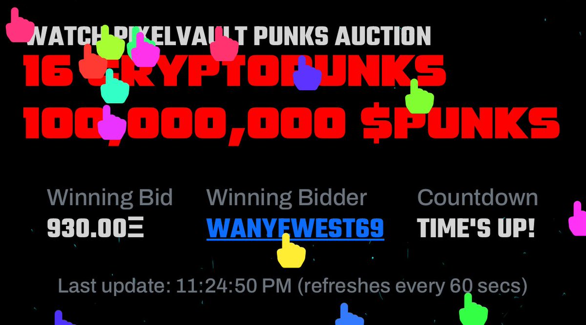 The auction for all 16 <a href="/pixelvault_/">Pixel Vault</a> punks just concluded, and the winner is none other than <a href="/BoredApeYC/">Bored Ape Yacht Club 🍌</a> whale WanyeWest69.

He picked up the entire set for 930 ETH, which comes out to about 58 ETH per punk, or roughly $2.4 million USD.