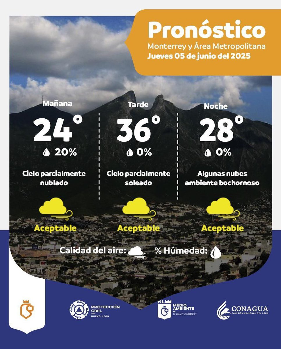 ¡Conoce el pronóstico del tiempo! 🙌🏔

El día de hoy, jueves 05 de junio, esperamos una temperatura máxima de 36°C con un cielo parcialmente soleado. La calidad del aire se mantendrá aceptable a lo largo de todo el día. 🍃

💻aire.nl.gob.mx/map_calidad.ht…