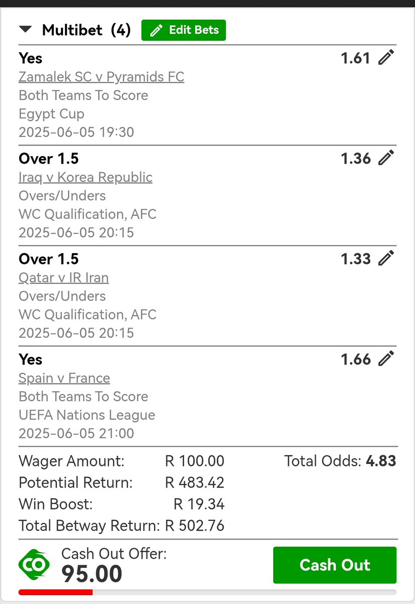 5 odds💰🧎🏾

We die like Real Man🤼🏿

No Airbags 🪂️

⚽🏃🏿Kick off 19:30

I just placed a bet with Betway. Tap here to copy my bet or search for this booking code in the Multi Bet betslip BW365B7E1 betway.co.za/bookabet/BW365…