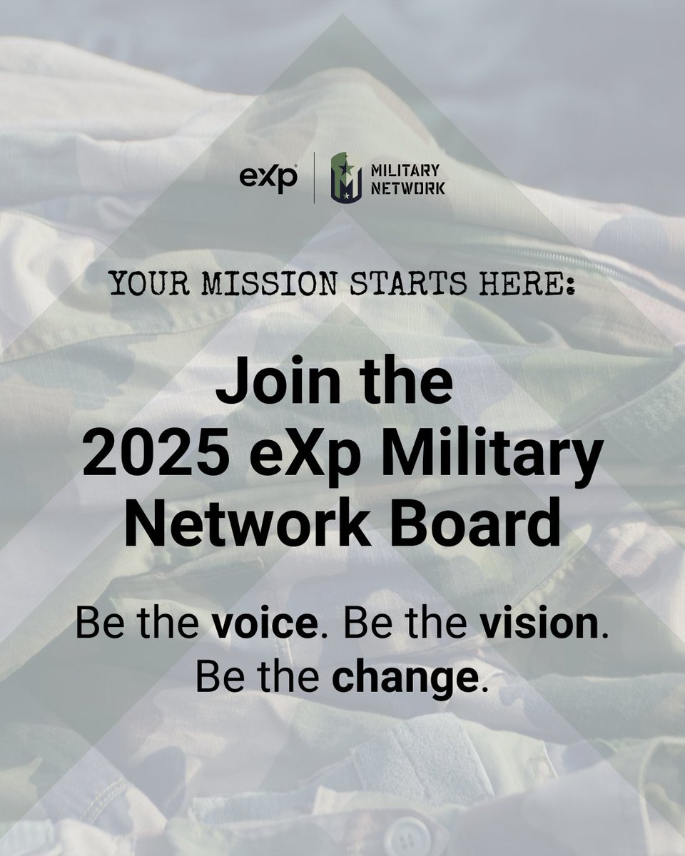 Calling all veterans, military spouses, and members of military families!

The eXp Military Network is launching an all-new Board of Directors, and we're looking for passionate leaders ready to shape the future of our community.

Apply here 👉 ow.ly/lOBC50W4TrT

#eXpProud