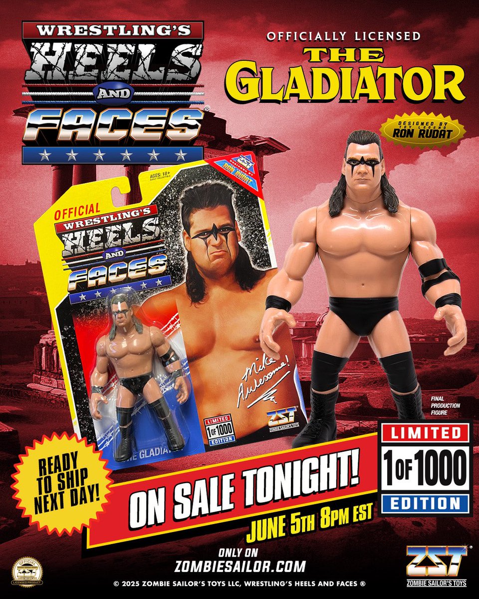 ⚔️ The GLADIATOR Heels and Faces figure will be available TONIGHT @ 8pm est only on ZOMBIESAILOR.com

This BRAND NEW limited edition 1 of 1000 warrior is IN-HAND and ready for immediate shipping!

On an AWESOME FMW inspired yellow card😱