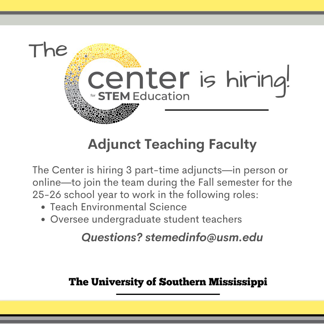 USM Center for STEM Education (@usmstemed) on Twitter photo It's not too late to join Team STEMed! Learn more and apply here: usm.csod.com/ats/careersite…
<a href="/USMArtsSciences/">USM Arts & Sciences</a> #teaching #environmentalscience #STEMeducation #adjunct #hiring It's not too late to join Team STEMed! Learn more and apply here: usm.csod.com/ats/careersite…
<a href="/USMArtsSciences/">USM Arts & Sciences</a> #teaching #environmentalscience #STEMeducation #adjunct #hiring