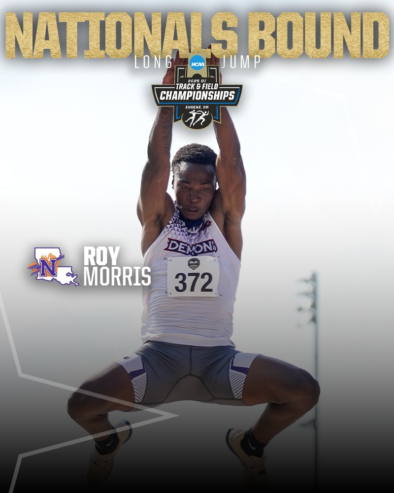 Southland Conference (@southlandsports) on Twitter photo JUMPING TO NATTYS.
<a href="/NSUDemonsTF/">NSU Demons Track</a>'s Roy Morris is headed to Eugene in the long jump, as a FRESHMAN, to compete for the national title. JUMPING TO NATTYS.
<a href="/NSUDemonsTF/">NSU Demons Track</a>'s Roy Morris is headed to Eugene in the long jump, as a FRESHMAN, to compete for the national title.