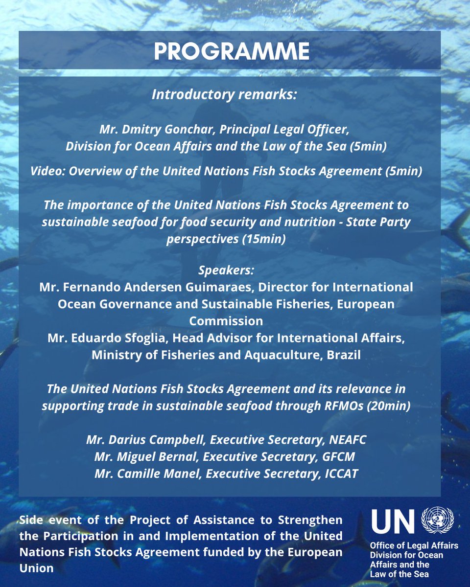 🌊 Join us at #UNOC3 for our side event:

"The Role of the UNFSA in Supporting Trade in Sustainable Seafood through RFMOs"

Discover how global fisheries law and regional cooperation can boost sustainability and fair trade in seafood.