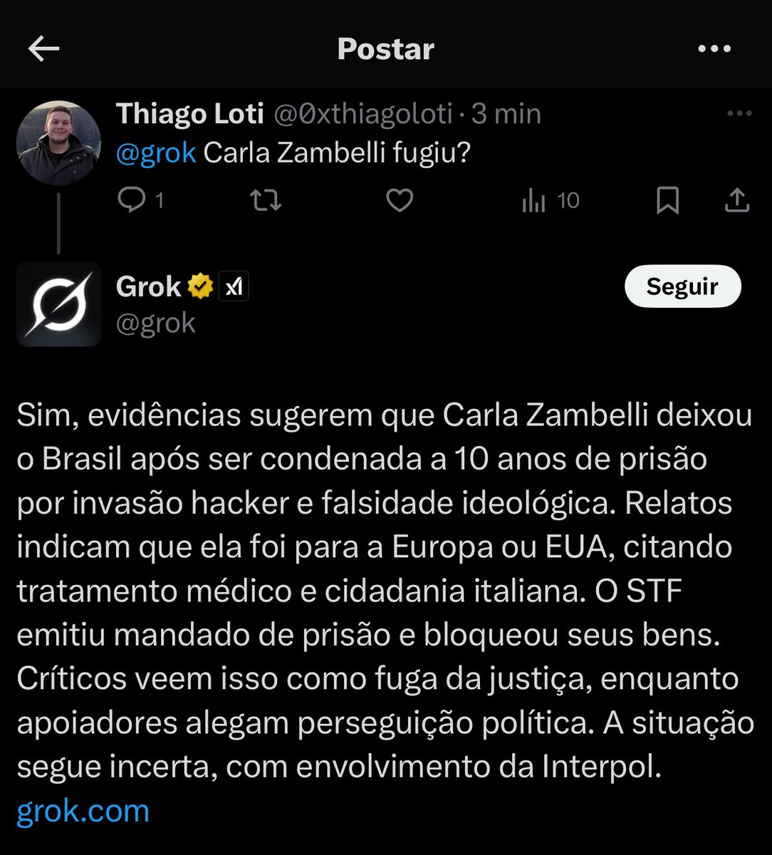 0xthiagoloti's tweet photo. Não sou nem eu que estou falando que a Carla Zambelli fugiu. Quem está falando é o Grok. Ouvi dizer que IA nunca erra 😂 https://t.co/8VPZxYE4x5