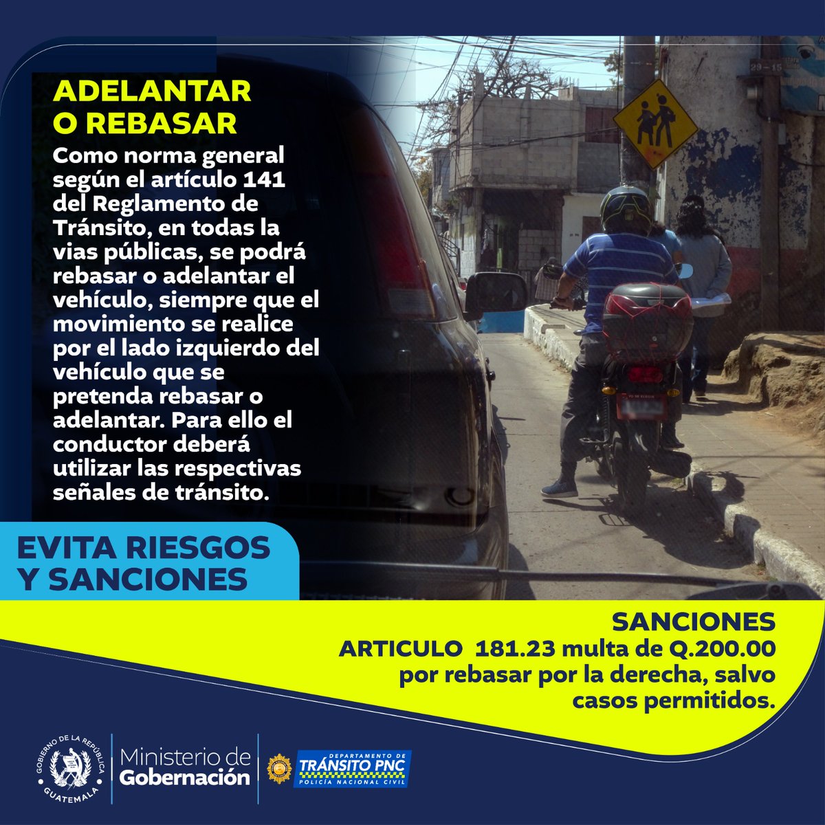 DTransitoPNC's tweet photo. 🚨No puedes rebasar donde encuentres espacio, debes hacerlo como lo indica la Ley de Tránsito y su reglamento, para evitar sanciones y un accidente.🚨

#tránsitopnc #adelantar #rebasar #prevención #ley https://t.co/wJWw6Kqwvx