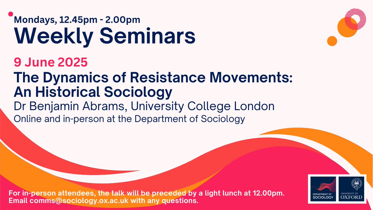 🌟 Join us on Monday for a seminar by Dr Benjamin Abrams!  

His work explores a new theoretical model of resistance movements as a distinctive object of social scientific study.

📍 Online &amp; in person