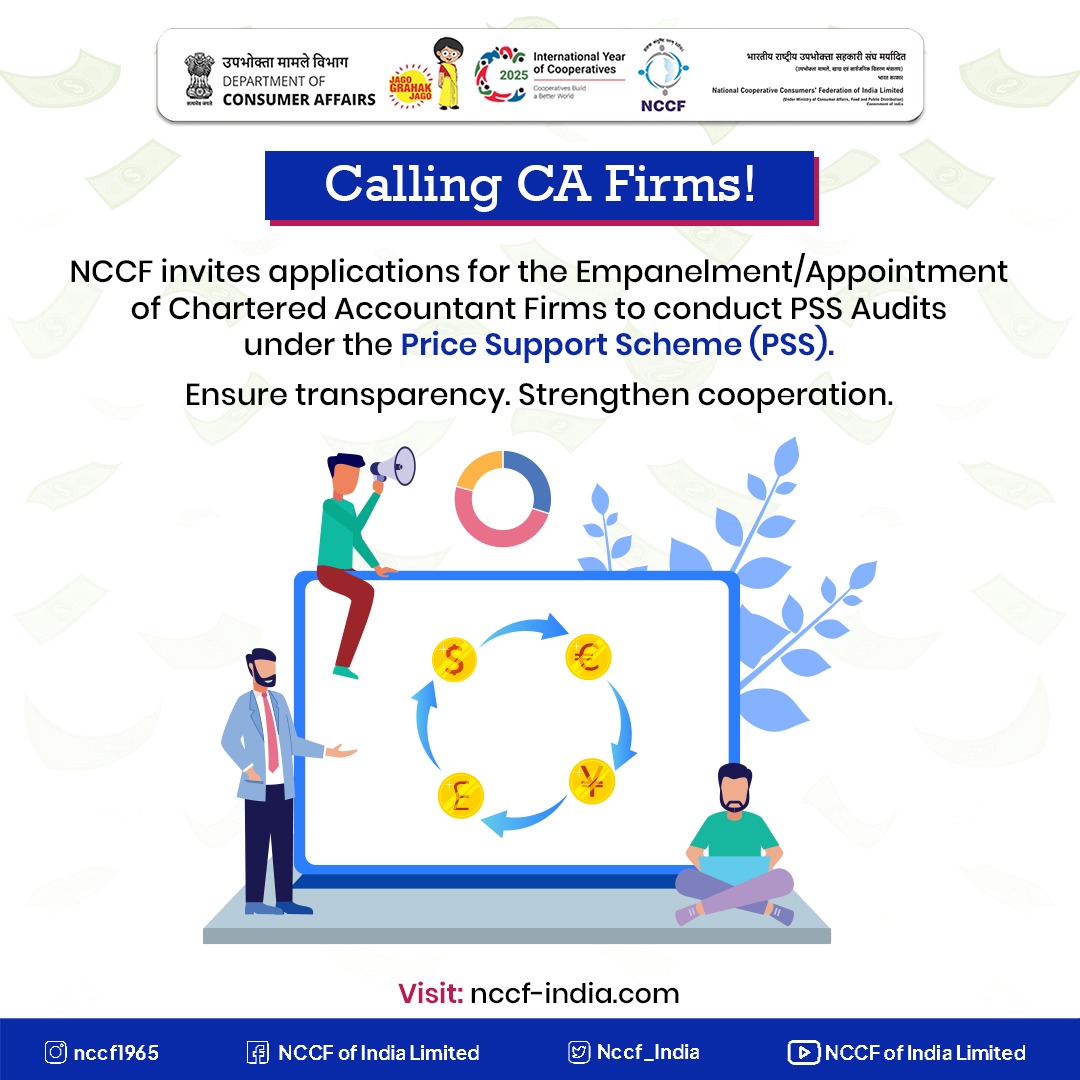 Nccf_India's tweet image. Calling CA Firms!

Join hands with NCCF for ensuring audit excellence and transparency!
Apply now for Empanelment/Appointment to conduct PSS Audits under the Price Support Scheme (PSS).

🔗 Visit: nccf-india.com

#NCCF #PSSAudit #CharteredAccountants #TransparencyMatters
