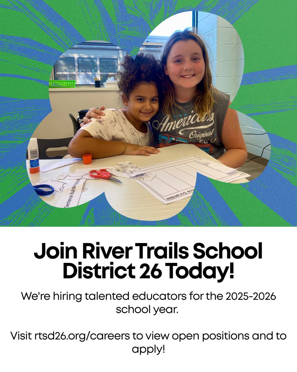 River Trails School District 26 is looking for passionate, dedicated educators and support staff to join our team for the 2025–2026 school year!
Check out our open positions and apply today!
View job openings: rtsd26.org/careers