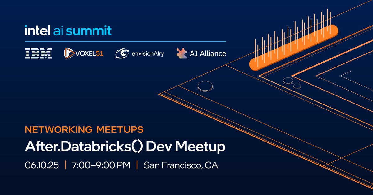 IntelSoftware's tweet image. 🎤 Intel AI Dev Meetup @databricks
Developers, engineers, and AI enthusiasts—come unwind, talk shop, and experience hands-on AI demos in a relaxed setting.
Register now: intel.ly/4dRhUQ4