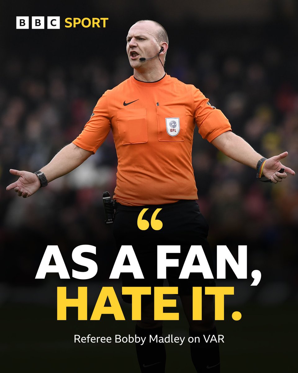 BBCSport's tweet image. Referee Bobby Madley says he "hates" VAR because it takes the "emotion away" from the game.

"To take that emotion away, to have to wait what feels like an eternity, as a fan I'm not a huge fan of that experience."