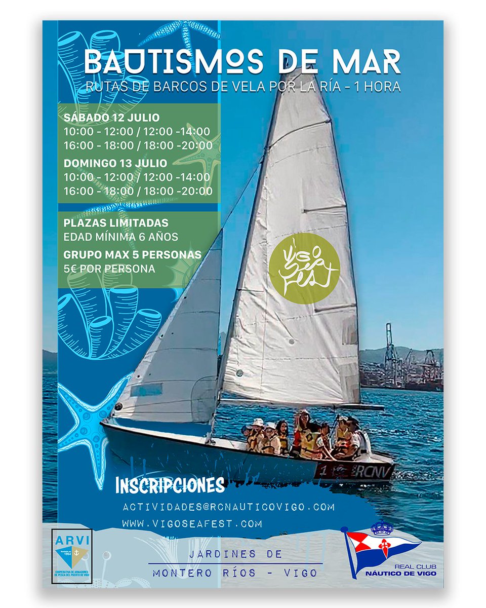 ⛵💙 ¡Siente el mar desde dentro en Vigo SeaFest!
📆 12 y 13 de julio
🕘 Rutas de 1 hora | Mañana y tarde
👶 Edad mínima: 6 años
👥 Grupos de máx 5 personas
💰 Solo 5€ por persona
🌟 Vive la emoción del mar a bordo, aprende los primeros pasos de la vela.