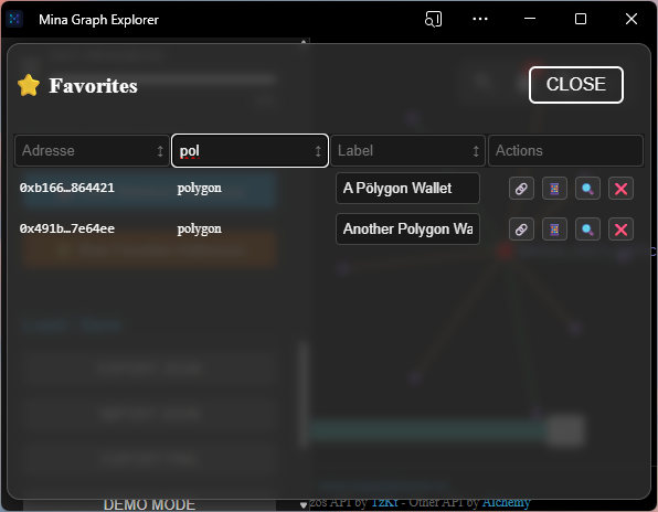 NaamahDaemon's tweet photo. #MinaGraphExplorer now includes a new Favorites tab!
Easily filter, sort, and label your favorite addresses.
Labels stay private in your browser local storage — MGE remains 99% front-end focused (except when backend is needed for CORS, rate limits, or notifications) https://t.co/2zAyPWkfCs