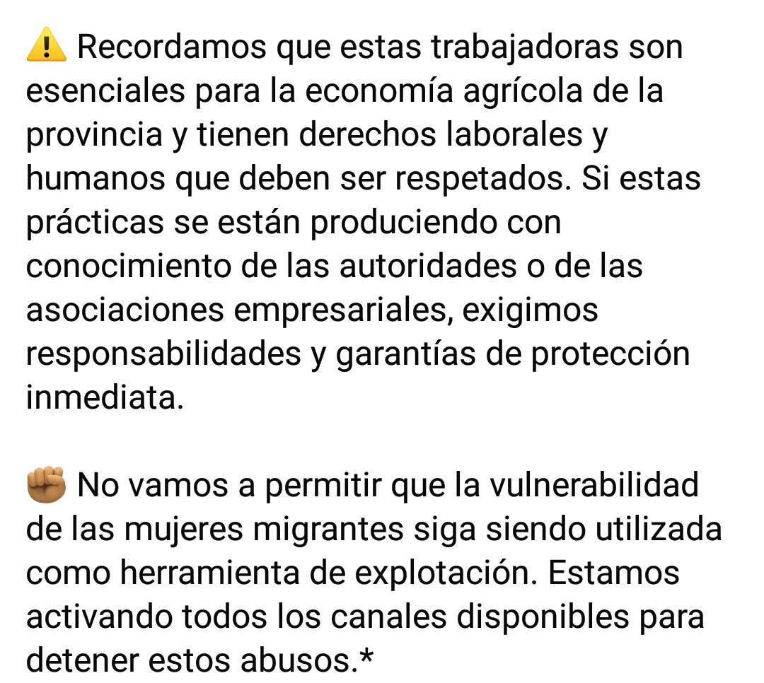 Jornaleras de Huelva en Lucha (@jornalerasl) on Twitter photo Importante comunicado de las compas de Amia sobre los abusos que sigue cometiendo el #Prelsi contra las trabajadoras marroquíes del fruto rojo 🍓
3 organizaciones de la provincia que venimos denunciando lo mismo, entre ellas <a href="/CCOOHu/">CCOO Huelva #EsencialesParaHuelva</a>
¿Piensa actuar <a href="/SubGobHuelva/">Subdelegación Huelva</a>? 🤔 Importante comunicado de las compas de Amia sobre los abusos que sigue cometiendo el #Prelsi contra las trabajadoras marroquíes del fruto rojo 🍓
3 organizaciones de la provincia que venimos denunciando lo mismo, entre ellas <a href="/CCOOHu/">CCOO Huelva #EsencialesParaHuelva</a>
¿Piensa actuar <a href="/SubGobHuelva/">Subdelegación Huelva</a>? 🤔