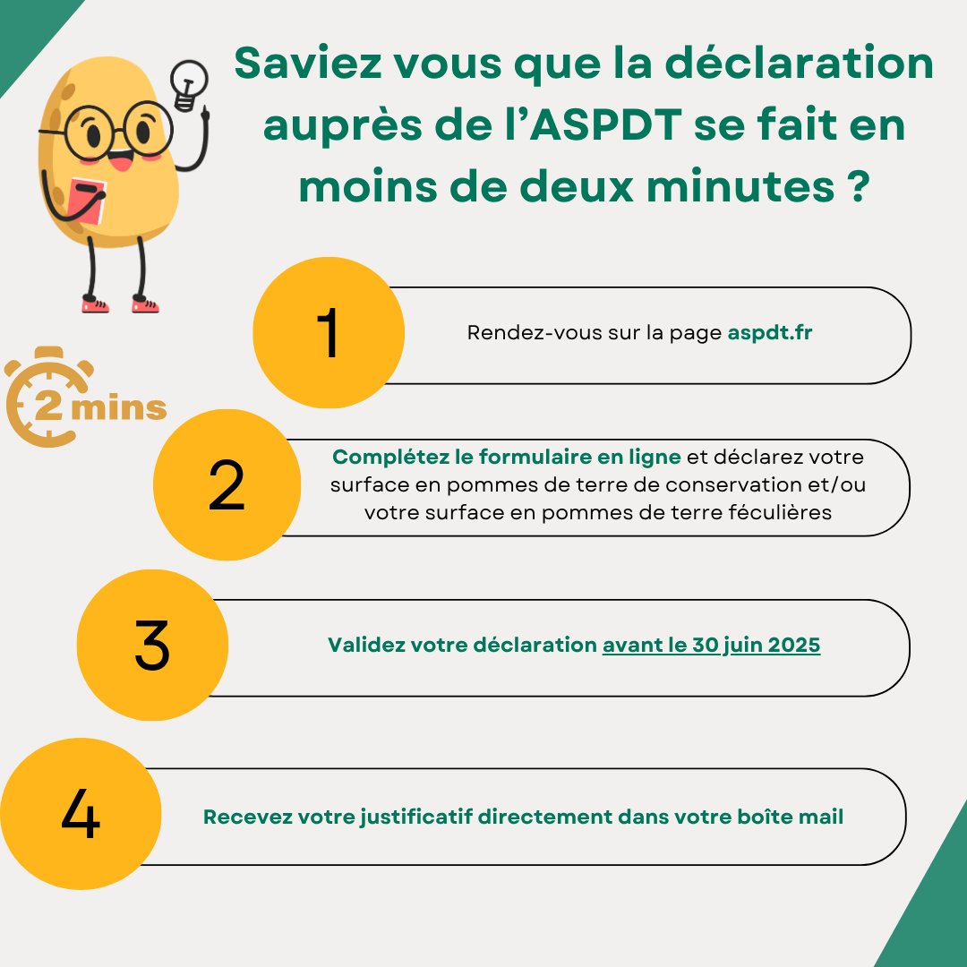 📅Protégez   vos cultures de pommes de terre contre les maladies de quarantaine ! 🥔🌱

🖥️Déclarez vos surfaces de pommes de terre avant le 30   juin 2025 auprès de l'Association Sanitaire pour la Pomme de Terre (ASPDT) –  FMSE pour éviter les risques de destruction totale et de