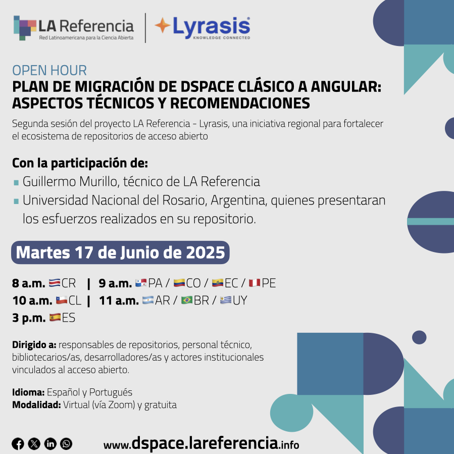 LAReferenciaAA's tweet photo. 📣 Mañana tendremos nuestro webinar gratuito:
“Plan de Migración de DSpace Clásico a Angular: Aspectos Técnicos y Recomendaciones”

Encuentre en la imagen de esta publicación el ⏰ horario de acuerdo a su país 📍.

🔗 ¡No olvide registrarse aquí:
https://t.co/ZMOQ946ZfA https://t.co/taNjpnr0s3