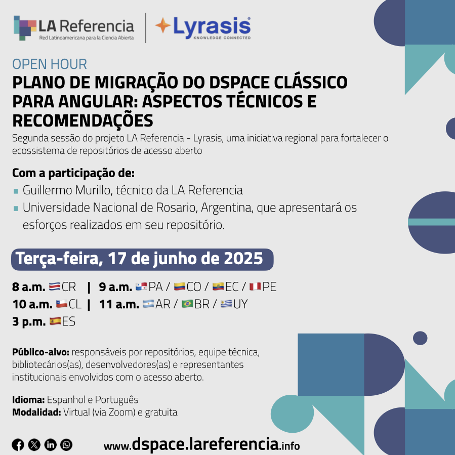 LAReferenciaAA's tweet photo. 📣 Mañana tendremos nuestro webinar gratuito:
“Plan de Migración de DSpace Clásico a Angular: Aspectos Técnicos y Recomendaciones”

Encuentre en la imagen de esta publicación el ⏰ horario de acuerdo a su país 📍.

🔗 ¡No olvide registrarse aquí:
https://t.co/ZMOQ946ZfA https://t.co/taNjpnr0s3