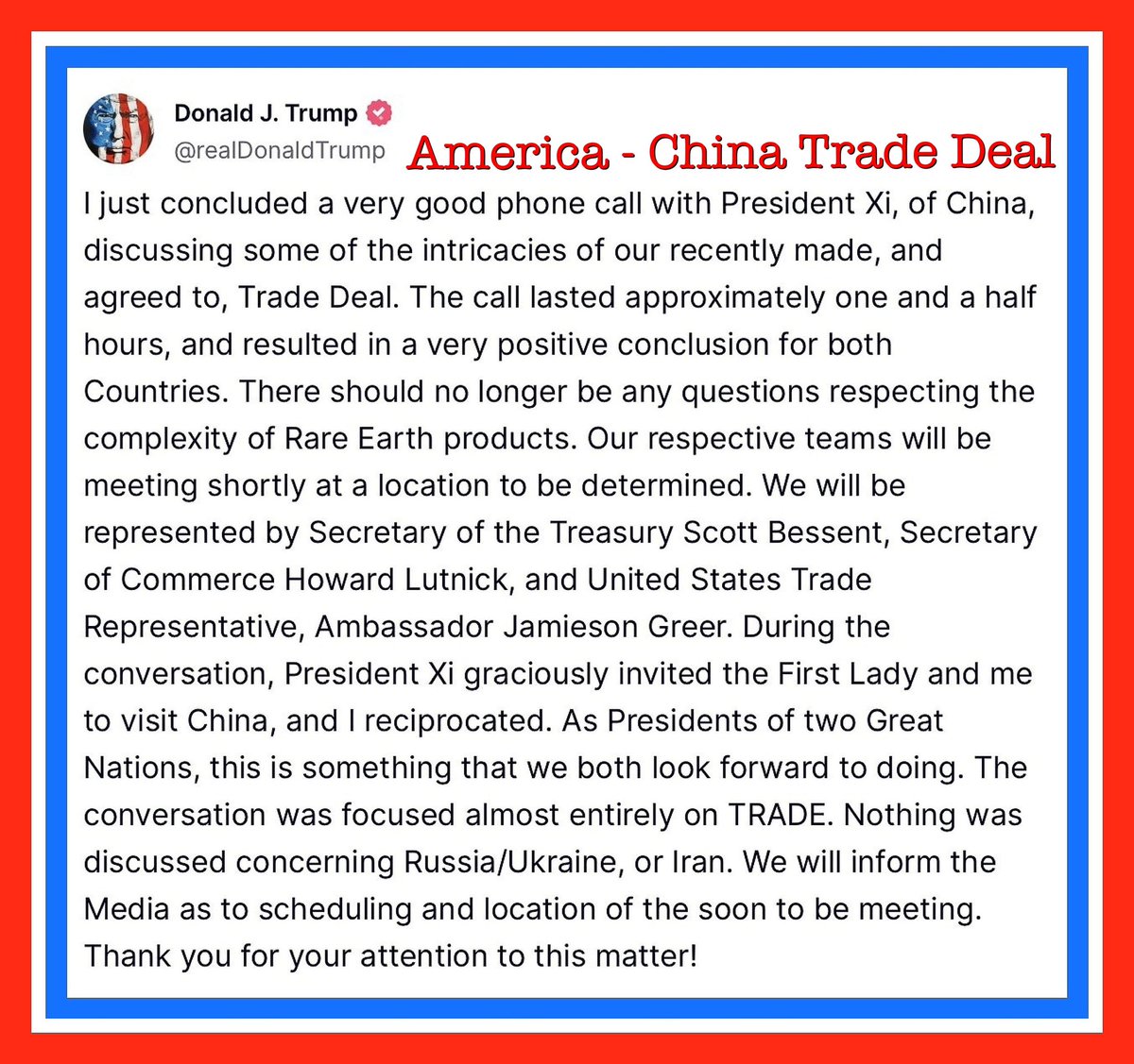WenMaMa2 🤔🧐🕵️♀️ (@wenmama2) on Twitter photo <a href="/realDonaldTrump/">Donald J. Trump</a> <a href="/TeamTrump/">Team Trump (Text TRUMP to 88022)</a> .🚨 #T4MAGAt #A06055 🚨
Just In… “America China Trade Deal”
#Trump #AmericaFirst #MAGA 🇺🇸
President Trump will Make America Rich and Prosperous Again! 💵 🏦💰
✅
<a href="/realDonaldTrump/">Donald J. Trump</a> <a href="/TeamTrump/">Team Trump (Text TRUMP to 88022)</a> <a href="/POTUS/">President Donald J. Trump</a> <a href="/WhiteHouse/">The White House</a> <a href="/elonmusk/">Elon Musk</a>
<a href="/SecScottBessent/">Treasury Secretary Scott Bessent</a> <a href="/howardlutnick/">Howard Lutnick</a>
<a href="/SpeakerJohnson/">Speaker Mike Johnson</a> <a href="/realDonaldTrump/">Donald J. Trump</a> <a href="/TeamTrump/">Team Trump (Text TRUMP to 88022)</a> .🚨 #T4MAGAt #A06055 🚨
Just In… “America China Trade Deal”
#Trump #AmericaFirst #MAGA 🇺🇸
President Trump will Make America Rich and Prosperous Again! 💵 🏦💰
✅
<a href="/realDonaldTrump/">Donald J. Trump</a> <a href="/TeamTrump/">Team Trump (Text TRUMP to 88022)</a> <a href="/POTUS/">President Donald J. Trump</a> <a href="/WhiteHouse/">The White House</a> <a href="/elonmusk/">Elon Musk</a>
<a href="/SecScottBessent/">Treasury Secretary Scott Bessent</a> <a href="/howardlutnick/">Howard Lutnick</a>
<a href="/SpeakerJohnson/">Speaker Mike Johnson</a>