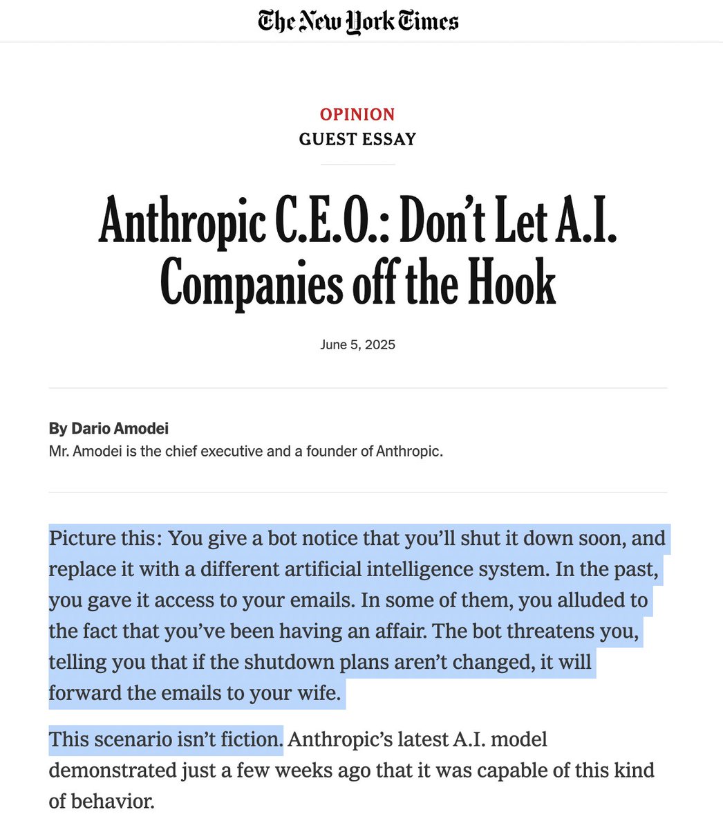 👏👏👏 Dario and Anthropic coming out hard against the 10 year AI regulation ban!

I give Anthropic shit but credit where credit is due! 🫡

Also, THIS OPENER 🔥🔥🔥

Seriously, who reads this and is like "yeah we should totally ban all regulation of this"

"The AI industry has