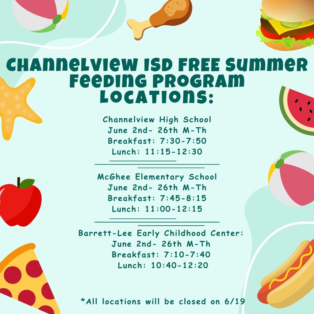 Channelview ISD is offering free breakfast and lunch to kids this summer, from June 2 to June 26 (Monday through Thursday). 🍽️

📍 Locations:
🔹 Channelview High School
🔹 McGhee Elementary
🔹 Barrett-Lee Early Childhood Center