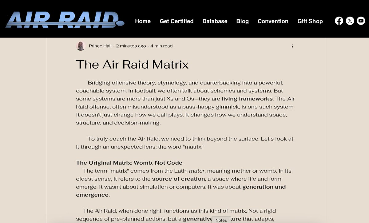 Hal Mumme (@halmumme) on Twitter photo Congrats to <a href="/ReadNAttackRNS/">Coach Hall πNπ₯·πΏ</a> on earning his community writer badge and publishing his article to the "Air Raid Blog" <a href="/AirRaidCert/">Air Raid Certification π΄ββ οΈ</a>
"The Air Raid Matrix" By: Prince Hall
Available to Read Nowπ airraidcertified.com/post/the-air-rβ¦ Congrats to <a href="/ReadNAttackRNS/">Coach Hall πNπ₯·πΏ</a> on earning his community writer badge and publishing his article to the "Air Raid Blog" <a href="/AirRaidCert/">Air Raid Certification π΄ββ οΈ</a>
"The Air Raid Matrix" By: Prince Hall
Available to Read Nowπ airraidcertified.com/post/the-air-rβ¦