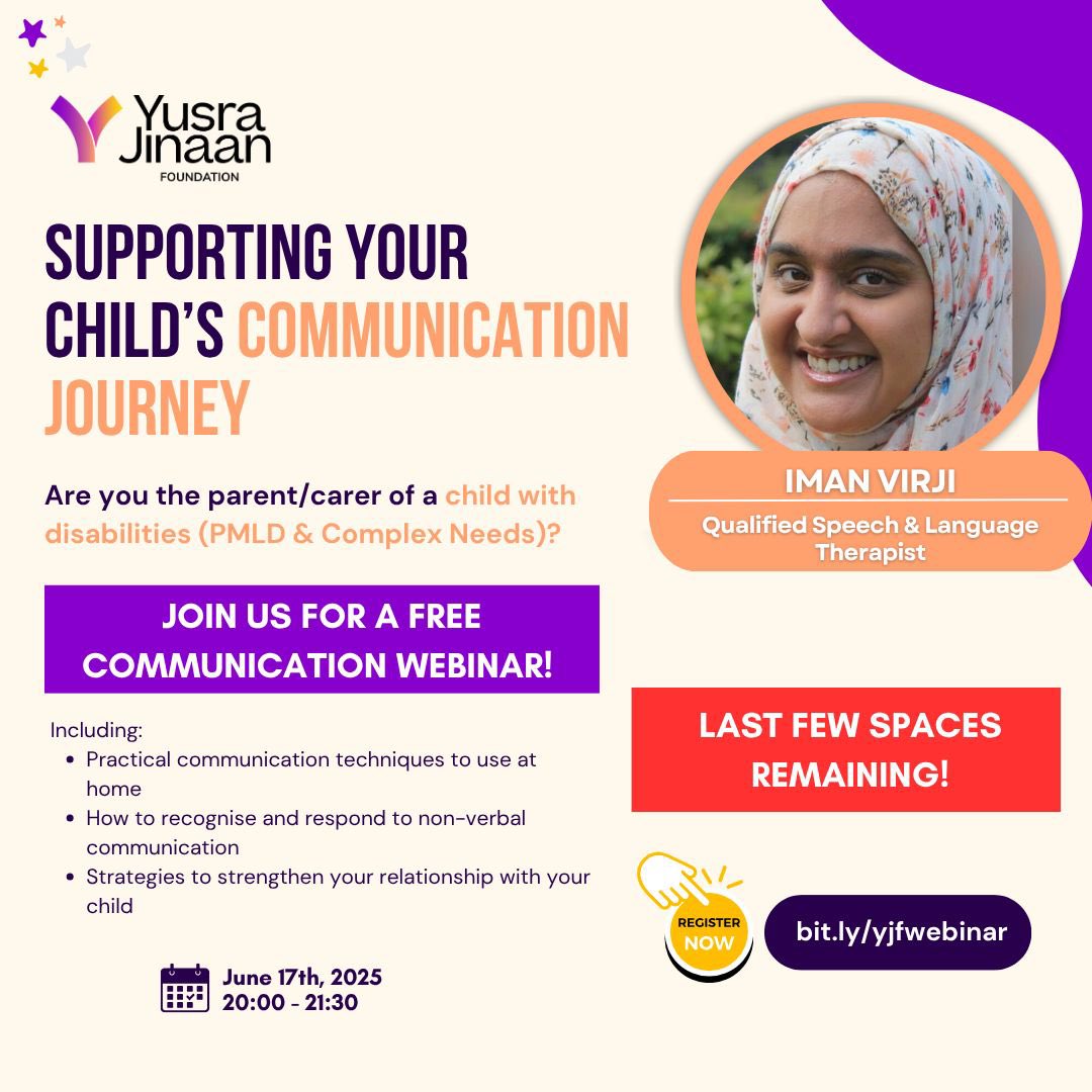 🚨 Only a few spots left!
Don’t miss out on our free online webinar for parent carers of children with PMLD and complex needs.
🧠 Practical strategies
💬 Expert advice

📅 Monday 17 June 🕗 8–9:30 PM (UK time)
🔗 bit.ly/yjfwebinar

#PMLD #ParentCarers #DisabilitySupport