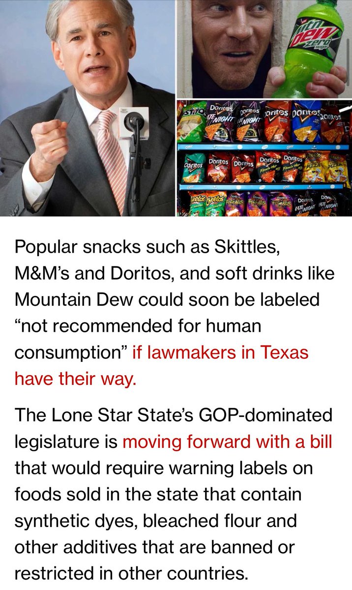 cybtrader's tweet image. Texas lawmakers are pushing a bill to label snacks like Skittles, M&M’s, Doritos & Mountain Dew as “not recommended for human consumption” due to banned additives & synthetic dyes, per the New York Post.
It’s overdue. These ultra-processed foods — packed with toxic seed oils —…