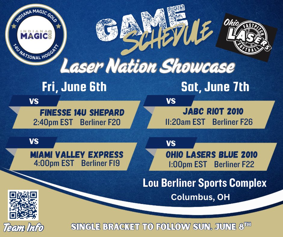 Indiana Magic Gold National 14u Hoggatt (@imghoggatt) on Twitter photo 🚨Schedule Change Update 🚨
1️⃣ Day till we travel to Lou Berliner Complex in Columbus, OH to compete in our first showcase of the summer! Check out the updated schedule below 👇🏻#allin #goldblooded
<a href="/Sports_Recruits/">SportsRecruits</a> <a href="/LineDsoftball/">Line Drive Media</a> <a href="/thealliancefp/">The Alliance Fastpitch</a> <a href="/D1Softball/">D1Softball</a> <a href="/tagupSoftball/">tagup</a> 🚨Schedule Change Update 🚨
1️⃣ Day till we travel to Lou Berliner Complex in Columbus, OH to compete in our first showcase of the summer! Check out the updated schedule below 👇🏻#allin #goldblooded
<a href="/Sports_Recruits/">SportsRecruits</a> <a href="/LineDsoftball/">Line Drive Media</a> <a href="/thealliancefp/">The Alliance Fastpitch</a> <a href="/D1Softball/">D1Softball</a> <a href="/tagupSoftball/">tagup</a>