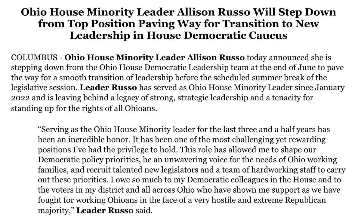 NatalieFahmy's tweet image. BREAKING: @Russo4Ohio steps down as House Minority Leader, a position she has held since 2022.
No indication what's next for the leader, she said this in May:
"I do not think my time in public service is done, but I have not made a decision about what it means for 2026."