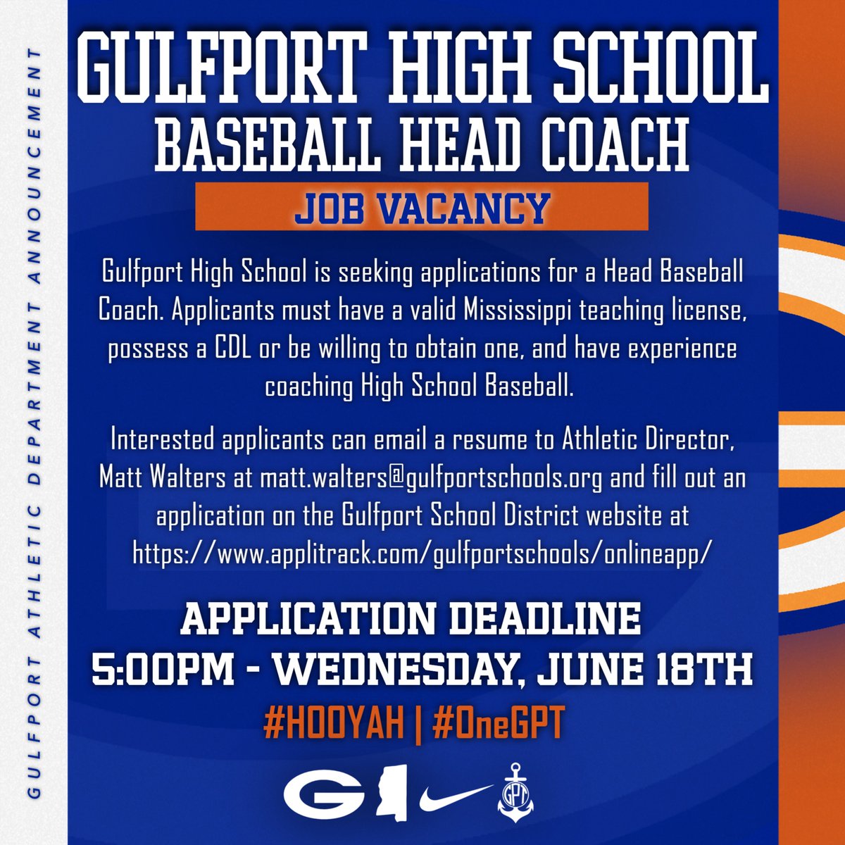 Admiral AD (@hooyah_ad) on Twitter photo Gulfport High School is hiring a Head Baseball Coach
🔹 MS Teaching License
🔹 CDL or willing to obtain
🔹 HS coaching experience
📧 matt.walters@gulfportschools.org
📝 Apply: applitrack.com/gulfportschool…
⏰ Deadline: June 18 @ 5PM
#HOOYAH | #OneGPT Gulfport High School is hiring a Head Baseball Coach
🔹 MS Teaching License
🔹 CDL or willing to obtain
🔹 HS coaching experience
📧 matt.walters@gulfportschools.org
📝 Apply: applitrack.com/gulfportschool…
⏰ Deadline: June 18 @ 5PM
#HOOYAH | #OneGPT