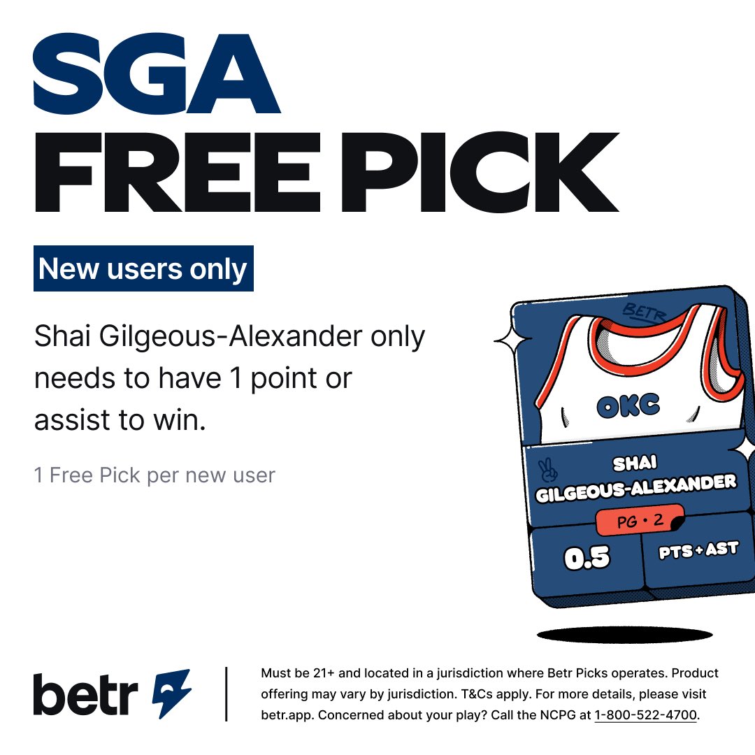 No deposit necessary free 10 bucks🤯🤯 and SGA free square 

Use promo code JDBET when signing up and get a free 10 bucks just for signing up.
See the below map for which states in purple  have BETR

Link: engagebetr.onelink.me/auSX/JDBET