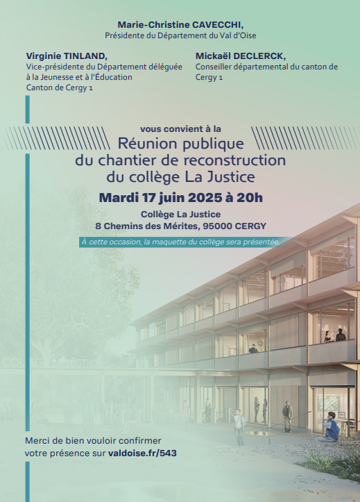Mickaël DECLERCK (@mickaeldeclerck) on Twitter photo 📣 Un nouveau collège pour notre territoire !
Avec <a href="/VirTinland/">Virginie Tinland</a> , <a href="/Edwina_LR95/">Edwina Etoré -Manika</a> et <a href="/alexandrepueyo/">Alexandre Pueyo</a> , nous vous invitons à une réunion publique sur la reconstruction du collège de La Justice.
📍 Au collège
🗓️ 17 juin 2025
🕗 20h00
👉 Confirmez ici : valdoise.fr/543 📣 Un nouveau collège pour notre territoire !
Avec <a href="/VirTinland/">Virginie Tinland</a> , <a href="/Edwina_LR95/">Edwina Etoré -Manika</a> et <a href="/alexandrepueyo/">Alexandre Pueyo</a> , nous vous invitons à une réunion publique sur la reconstruction du collège de La Justice.
📍 Au collège
🗓️ 17 juin 2025
🕗 20h00
👉 Confirmez ici : valdoise.fr/543