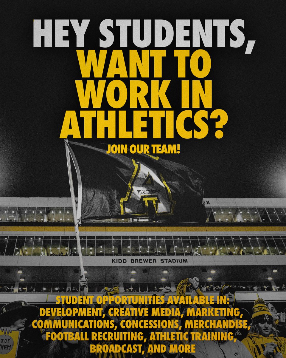 🚨 APP STATE STUDENTS 🚨

Interested in working in Athletics this upcoming school year? We have several spots open for you to join our team! 

For more information on open spots and details regarding the job, visit the link below ⬇️

🔗: goapp.st/4lcOYEP 

#GoApp