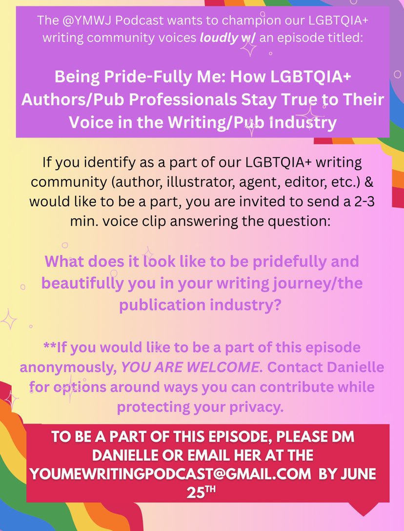 Danielle Render Turmaud, PhD โจON SUBโจ (@drenderturmaud) on Twitter photo The <a href="/YMWJPodcast/">You, Me, and the Writing Journey Podcast</a> celebrates our LGBTQIA+ #writingcommunity EVERY monthโbut this month, I want to show our pride with a special ๐ณ๏ธโ๐ episode to champion LGBTQIA+ voices. Iโd ๐ to invite LGBTQIA+ authors, illustrators, #agents, and #editors to be a part! See details below! ๐ The <a href="/YMWJPodcast/">You, Me, and the Writing Journey Podcast</a> celebrates our LGBTQIA+ #writingcommunity EVERY monthโbut this month, I want to show our pride with a special ๐ณ๏ธโ๐ episode to champion LGBTQIA+ voices. Iโd ๐ to invite LGBTQIA+ authors, illustrators, #agents, and #editors to be a part! See details below! ๐