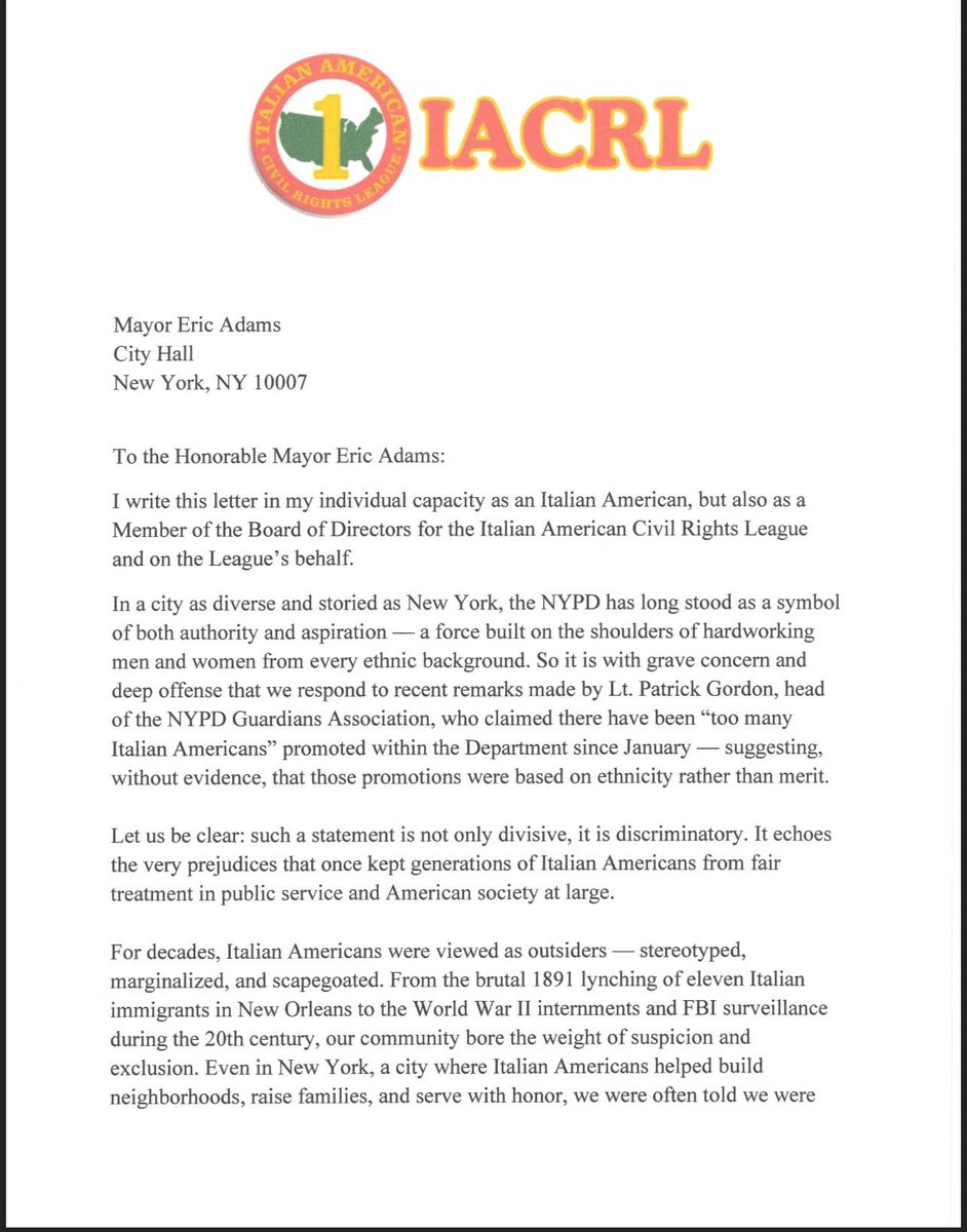 TheIACRL's tweet image. The Italian American Civil Rights League has sent this letter to Mayor Eric Adams in response to the irresponsible rhetoric targeted toward Italian Americans.
WE built this city, Eric.
Show us all the respect we have EARNED.