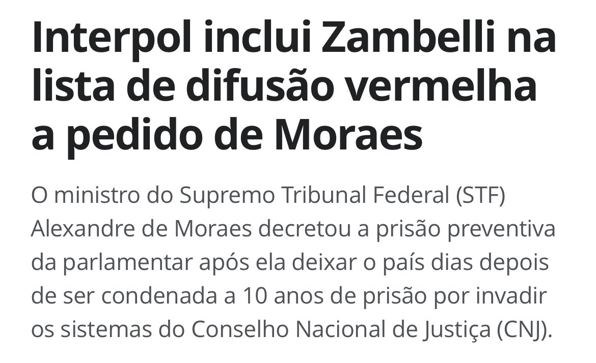 URGENTE! Interpol inclui Carla Zambelli na lista vermelha após pedido de Alexandre de Moraes. Agora, a deputada bolsonarista é procurada em 196 países por fugir da Justiça brasileira.