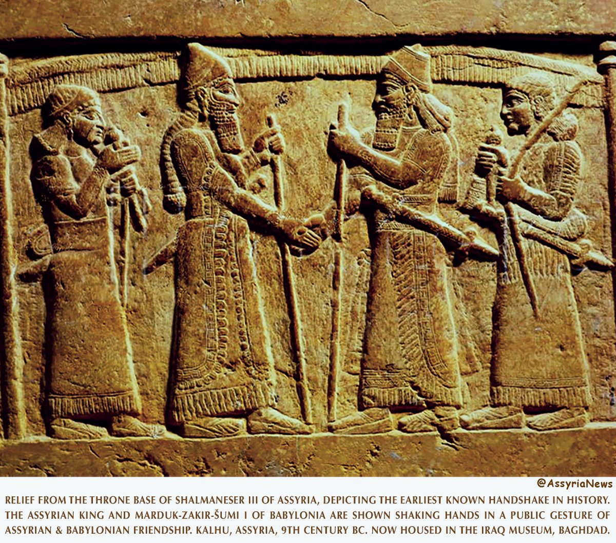 Relief from the throne base of #Shalmaneser III of #Assyria, depicting the earliest known handshake in history. The #Assyrianking and Marduk-zakir-šumi I of #Babylonia are shown shaking hands of #Assyrian &amp; Babylonian friendship. Kalhu, Assyria, 9th century BC