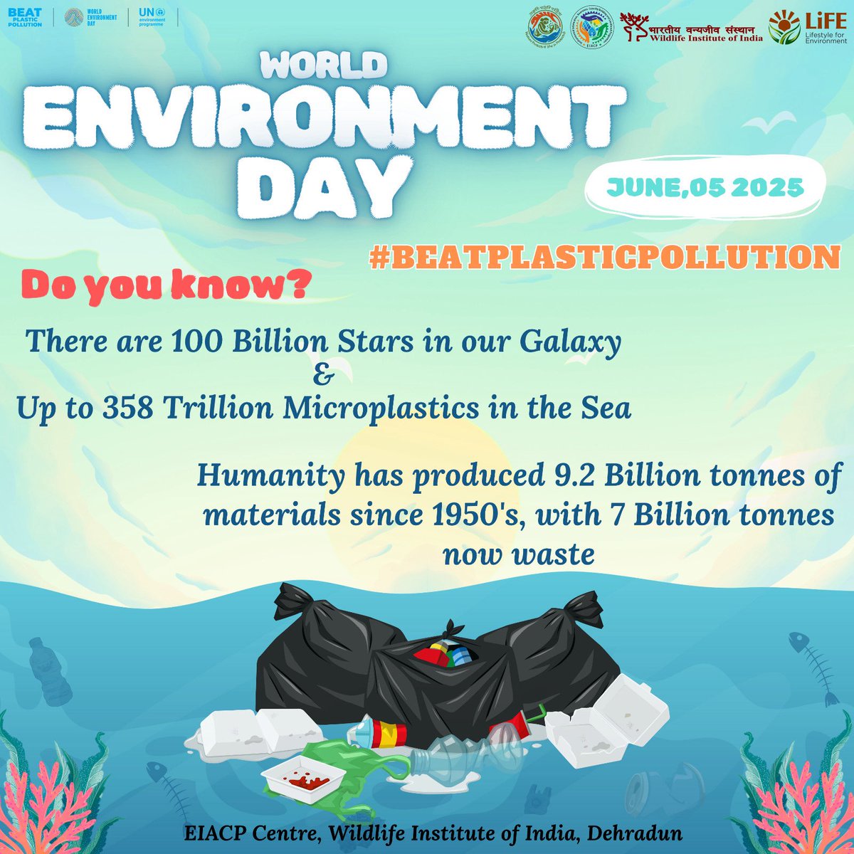 On World Environment Day 2025, the EIACP Centre at Wildlife Institute of India released a poster themed “Plastic is Not Just Trash – It's a Threat.” It urges action against plastic pollution and promotes simple steps like using cloth bags, reusable bottles, and saying no to