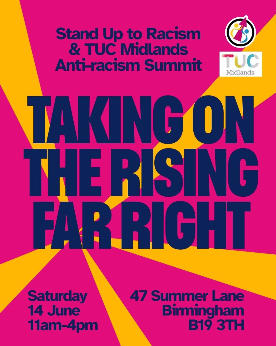 Stand Up To Racism (@antiracismday) on Twitter photo Join this crucial summit with <a href="/TUCMidlands/">TUC Midlands</a> to organise against the far right ✊🏽 Next Saturday 14 June in Birmingham! Register now:
eventbrite.co.uk/e/taking-on-th… Join this crucial summit with <a href="/TUCMidlands/">TUC Midlands</a> to organise against the far right ✊🏽 Next Saturday 14 June in Birmingham! Register now:
eventbrite.co.uk/e/taking-on-th…