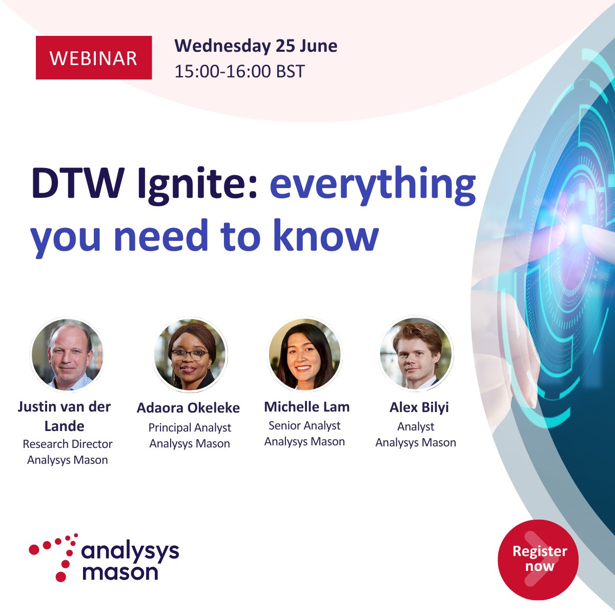Analysys Mason experts are heading to DTW Ignite 2025! Join our webinar to explore key announcements, innovations and what they mean for your business.

Register now: bit.ly/4jG9lsK

#AI #DTW25