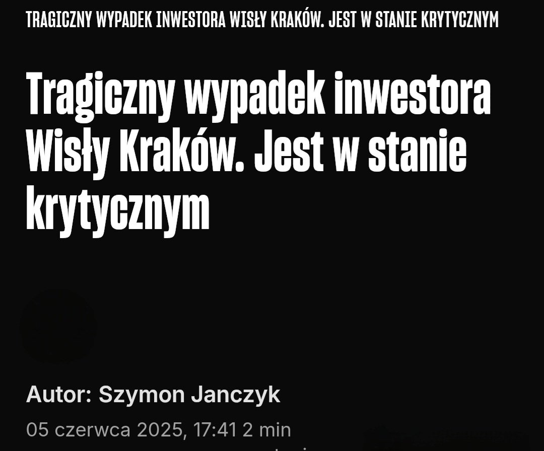 Thomas Kokosiński amerykański biznesmen który miał zostać mniejszościowym wł. Wisły Kraków i wykupić pakiet akcji Wisły doznał nieszczęśliwego wypadku i znajduje się w stanie krytycznym Do tragedii doszło w Polsce przed rozmowami, które miały doprowadzić do finalizacji inwestycji
