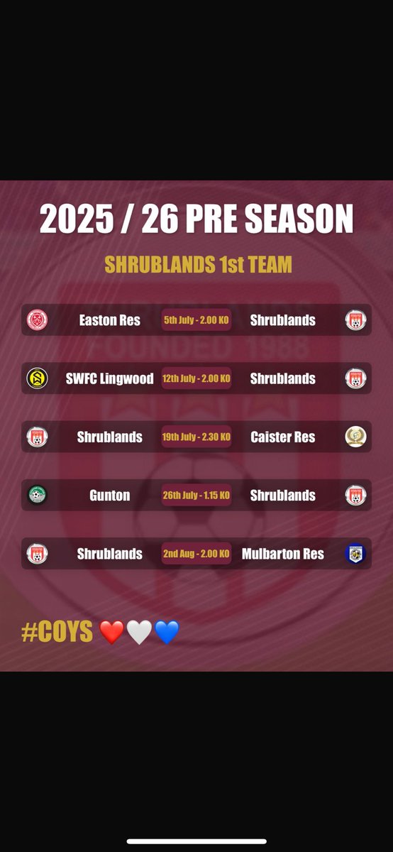 Shrublands Fc Mens (@shrubsmen1988) on Twitter photo First team pre season schedule against some very good sides! <a href="/eastonfc/">Easton FC</a> <a href="/southwalshamfc/">SWFC Lingwood</a> <a href="/caisterfc1/">Caister FC</a> <a href="/Gunton_FC/">Gunton Athletic</a> <a href="/MulbartonResFC/">Mulbarton Reserves FC</a> First team pre season schedule against some very good sides! <a href="/eastonfc/">Easton FC</a> <a href="/southwalshamfc/">SWFC Lingwood</a> <a href="/caisterfc1/">Caister FC</a> <a href="/Gunton_FC/">Gunton Athletic</a> <a href="/MulbartonResFC/">Mulbarton Reserves FC</a>
