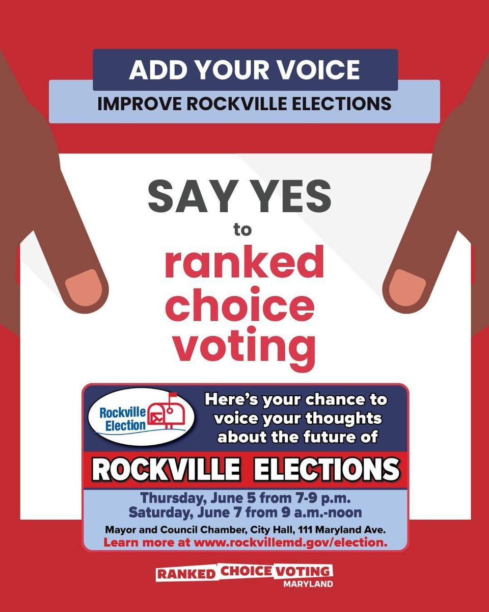 rcvformaryland's tweet image. ROCKVILLE RESIDENTS: You have a chance to make your voice heard on local elections! Come to Rockville City Hall TODAY to share your support for #RankedChoiceVoting with free t-shirts.
5 June, 7-9pm
RSVP: rcvmd.org/rockville_elec…
7 June, 9am-12pm
RSVP: rcvmd.org/rockville_elec…